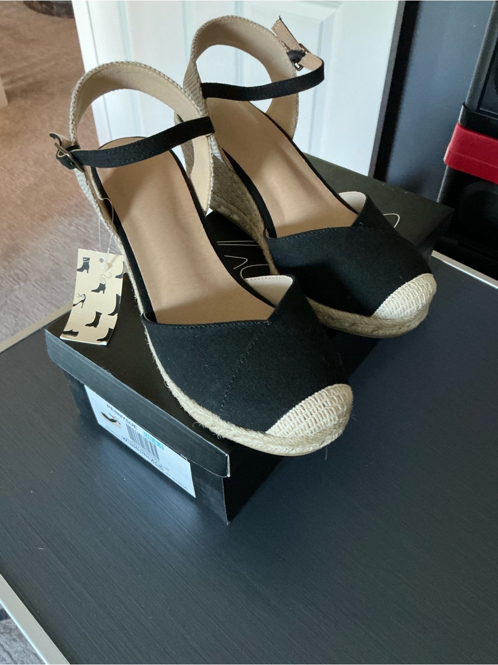 Black Espadrille Wedge Heels with Ankle Strap